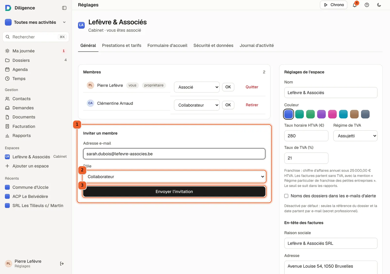 Réglages d'un espace cabinet : la liste des membres et, à droite, la carte « Inviter un membre » avec l'adresse e-mail, le rôle et le bouton d'envoi.