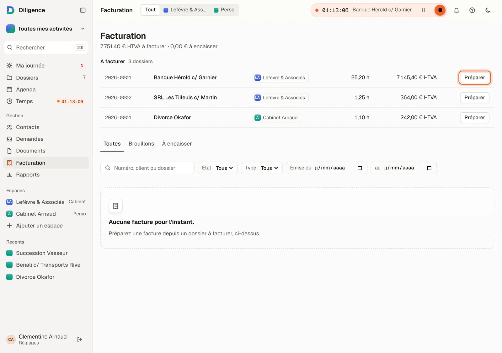 La page « Facturation » : la section « À facturer » avec un bouton « Préparer » par dossier, puis la liste des factures.