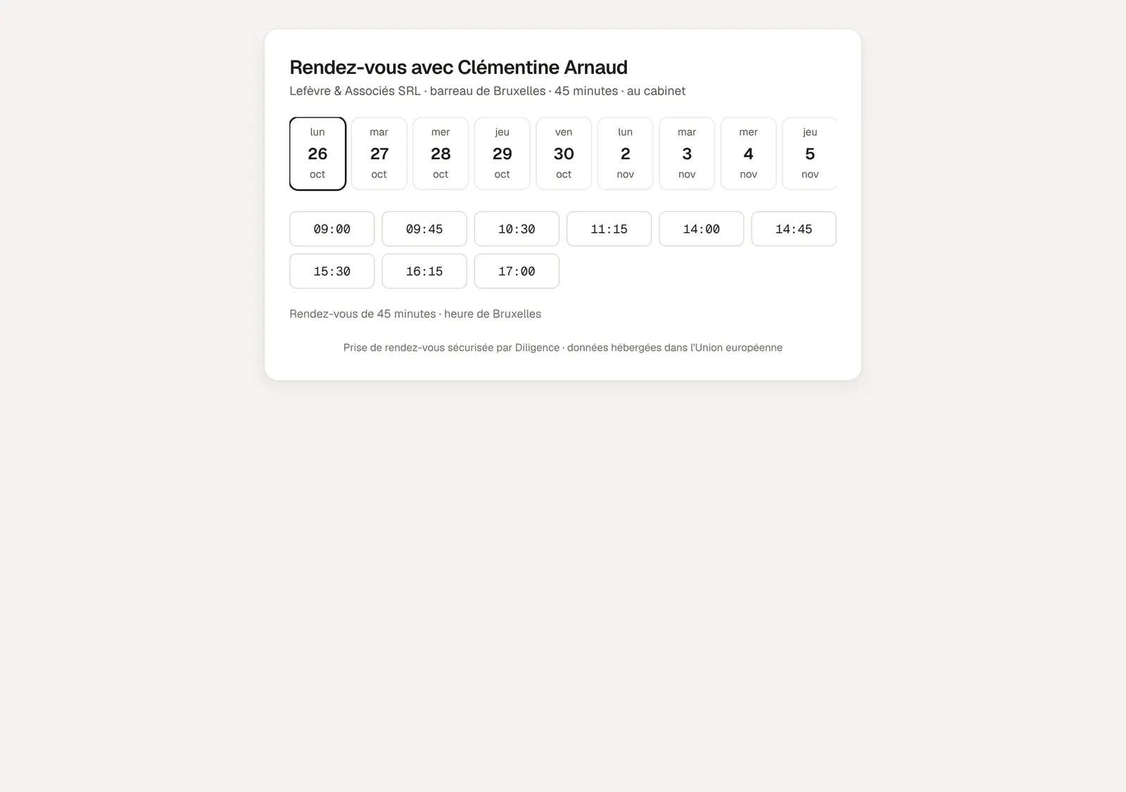 La page publique de prise de rendez-vous, avec les créneaux libres proposés au client.